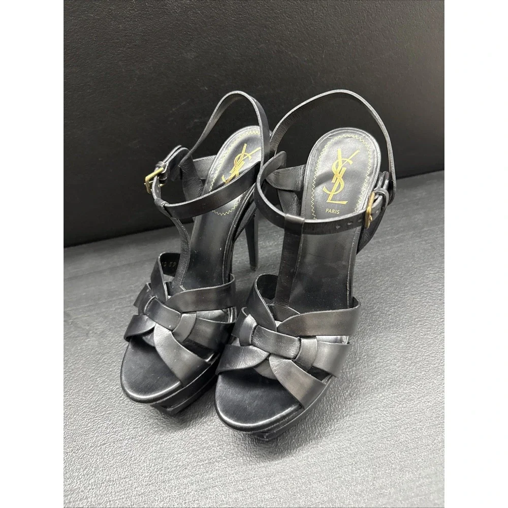 Yves Saint Laurent Tribute Black Leather Platform Sandals Size 39 / 9 (b1)